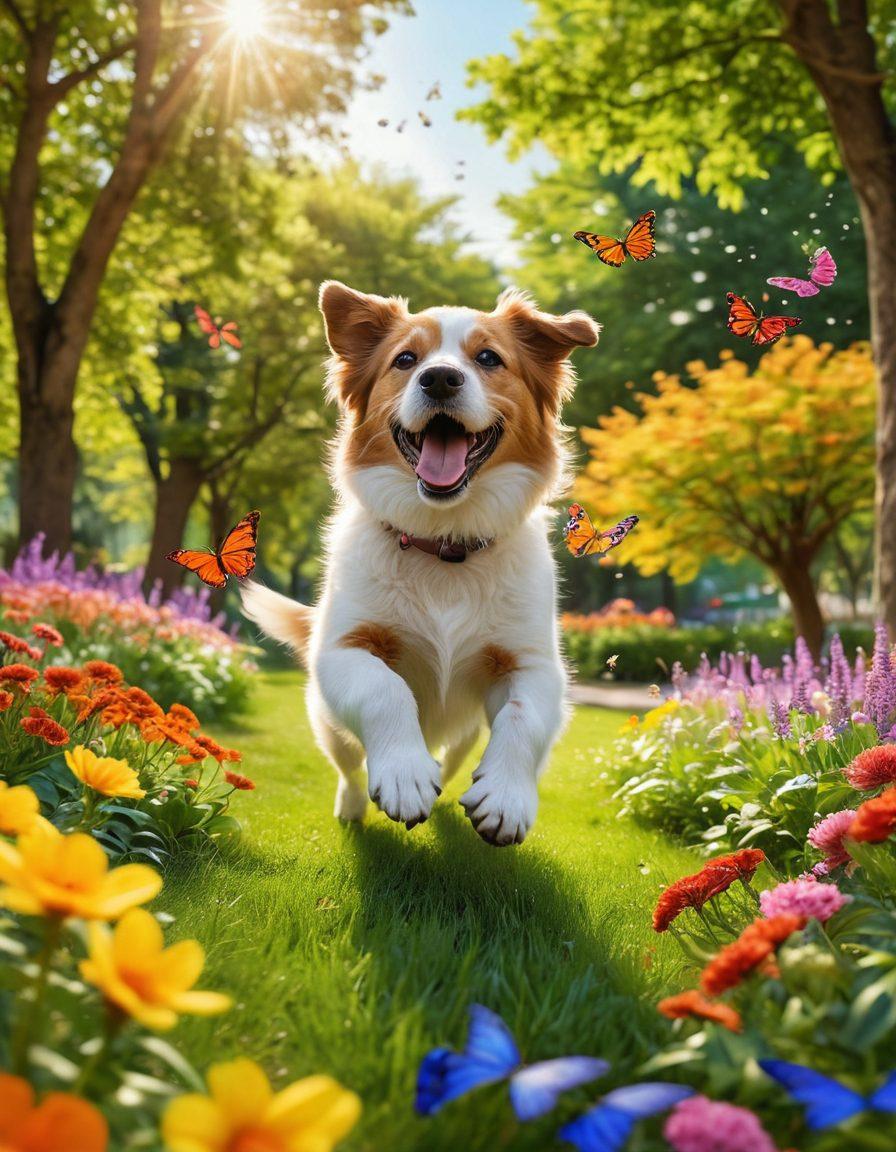 A heartwarming scene of various adorable dog breeds playing together in a sunlit park, with colorful flowers and trees in the background. Capture their joyful expressions and playful antics, showcasing their unique fur textures and colors. Include a whimsical touch, like butterflies fluttering around them, adding to the charm. The composition should evoke a sense of happiness and joy, inviting viewers into the lively atmosphere. super-realistic. vibrant colors. cheerful setting.