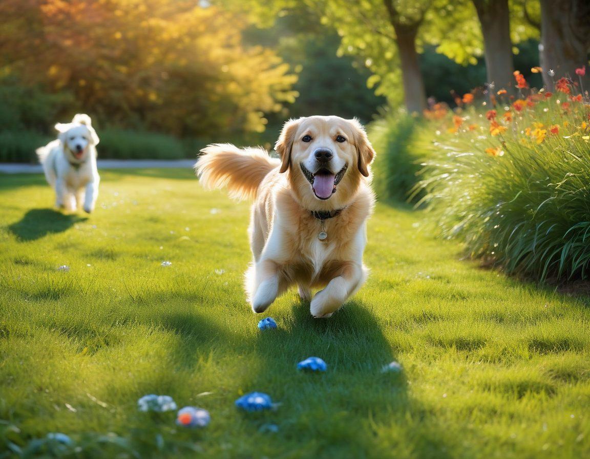 A vibrant and playful scene showcasing various dog breeds playing together in a sunlit park, capturing their joy and diversity. Include artistic elements like colorful paw prints scattered around and a backdrop of blooming flowers. The image should radiate warmth and community spirit, inviting dog lovers to join in. super-realistic. vibrant colors.